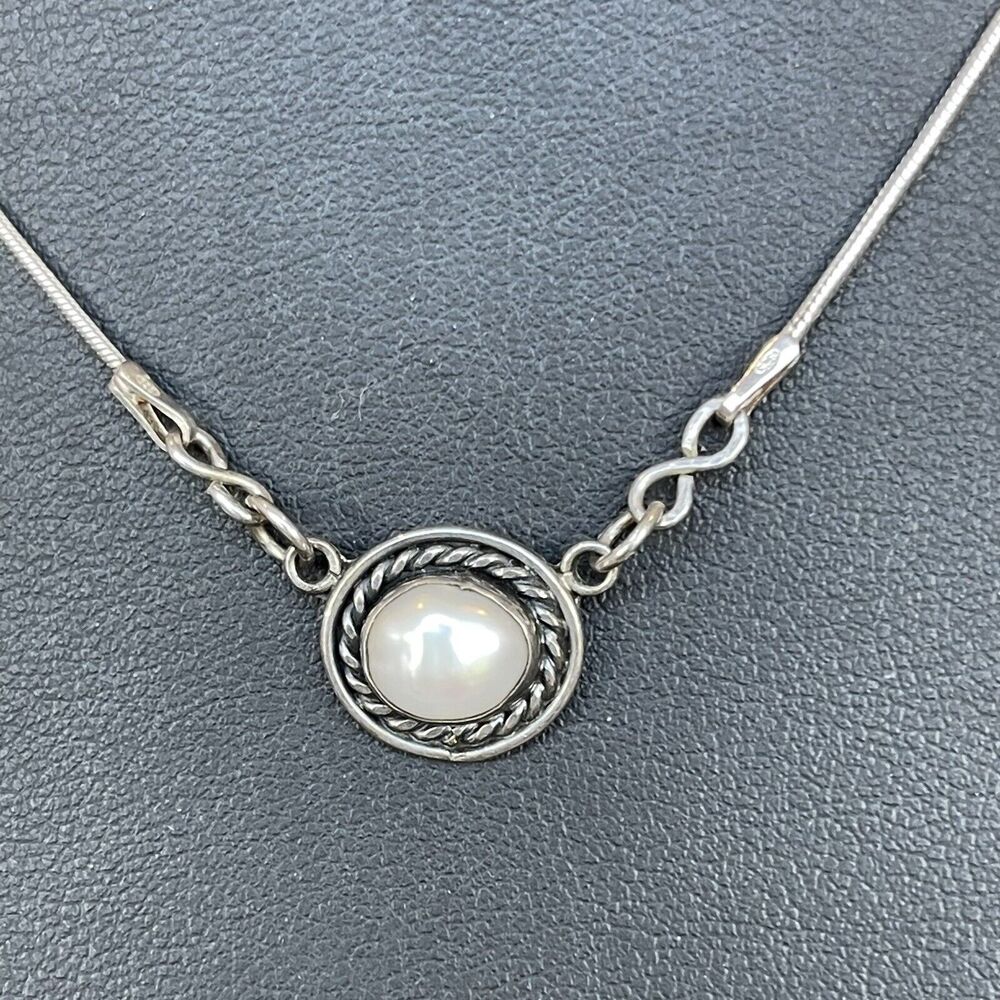 Vintage Italian Sterling Silver 925 White Pearl Pendant Necklace 16” Snake Chain